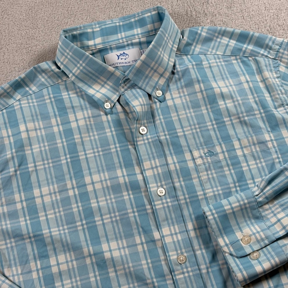 Southern Tide Mens Large Blue Plaid Performance Nylon Spandex Button Down Shirt